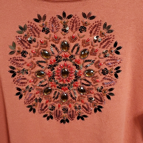 Victor Costa Vintage Plus Coral Beaded Sweater 1X Fall - Picture 6 of 7